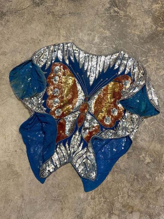 Y2K Sequin Butterfly Top Vintage 80s Disco with Flutter Sleeves 100% Silk Blue - Picture 4 of 8